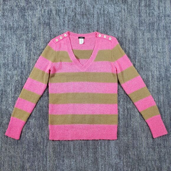 J. CREW Women’s XS Wool Mohair Blend V-Neck Button Shoulder Sweater Pink Striped - Picture 1 of 10